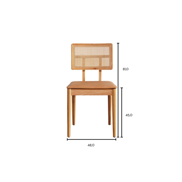 Dining chair with rattan backrest - Charles - Oak/Natural Rattan - Cognac Leather