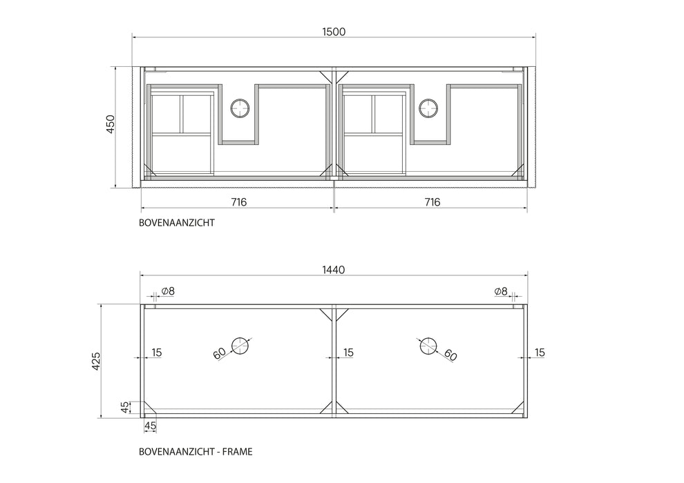 Badezimmerschrank Walnuss - Ahun - Sims Solid Surface - Terrazzo-Oberplatte - 150 cm