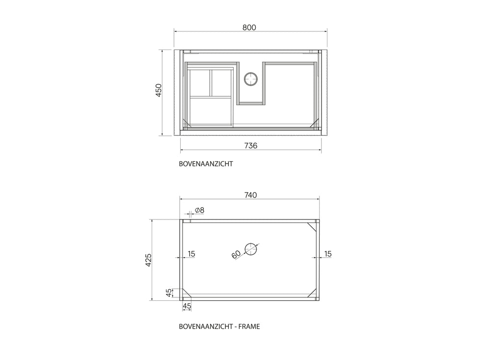 Badkamerkast Walnoot - Ahun - Sims Solid Surface - Marcel bovenplaat wit marmer - 80 cm