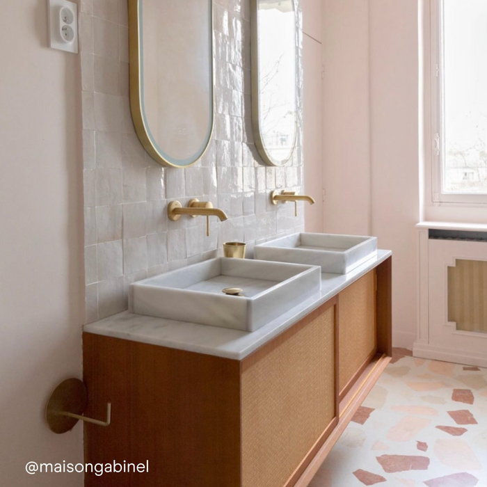 Vintage badrumsmöbler - Vit marmor tvättställ - Teak-rotting (150 cm) - Nestor