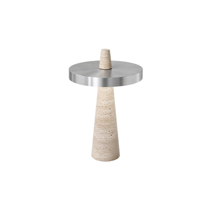 Lampe de table Figeac D22 H32 – Abat-jour en acier brossé avec pied en travertin blanc
