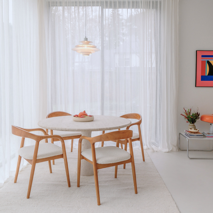 Ronde eettafel Lormes - 130 cm - Wit travertijn - Ronde rand