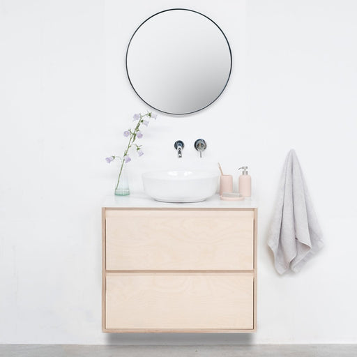 Berk badkamermeubel in Scandinavische stijl - 80 cm met keramieken plaat en porseleinen waskom, chrome kraan en ronde spiegel