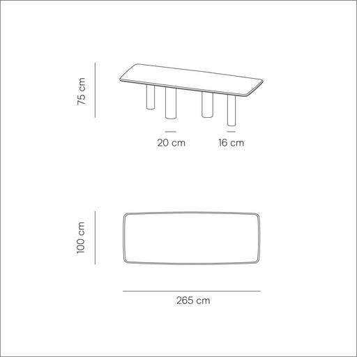 Technische tekening van de Pim eettafel in 265 cm.ALT