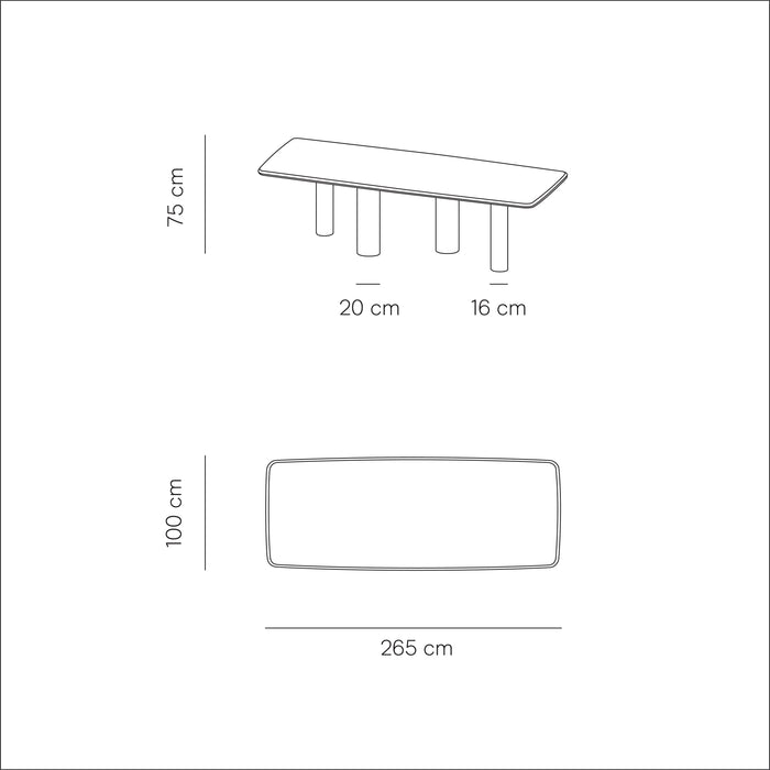 Technische tekening van de Pim eettafel in 265 cm.ALT