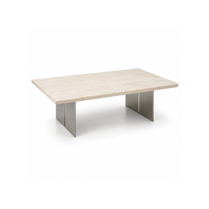 Mesa de centro Riva - B120 D85 H35 - Pata de acero cepillado - Tablero de travertino blanco - Relleno - Acabado satinado