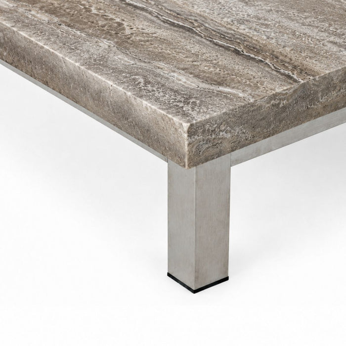 Marais coffee table W168 D71 H20 - Brushed legs - Silver gray travertine - Straight edge - Filled - Satin finish
