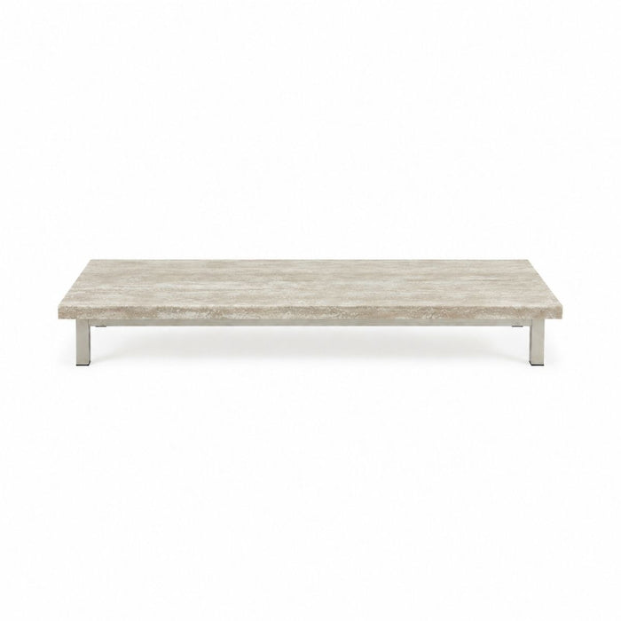 Table basse Marais L168 P71 H20 - Pieds brossés - Travertin blanc - Bord droit - Rebouché - Finition satinée