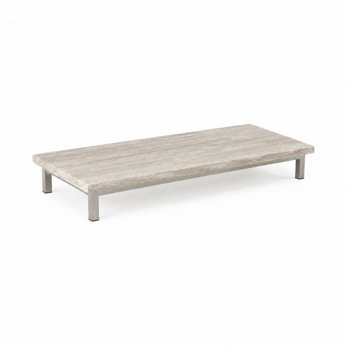 Table basse Marais L168 P71 H20 - Pieds brossés - Travertin blanc - Bord droit - Rebouché - Finition satinée
