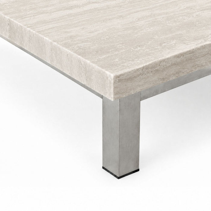 Table basse Marais L168 P71 H20 - Pieds brossés - Travertin blanc - Bord droit - Rebouché - Finition satinée
