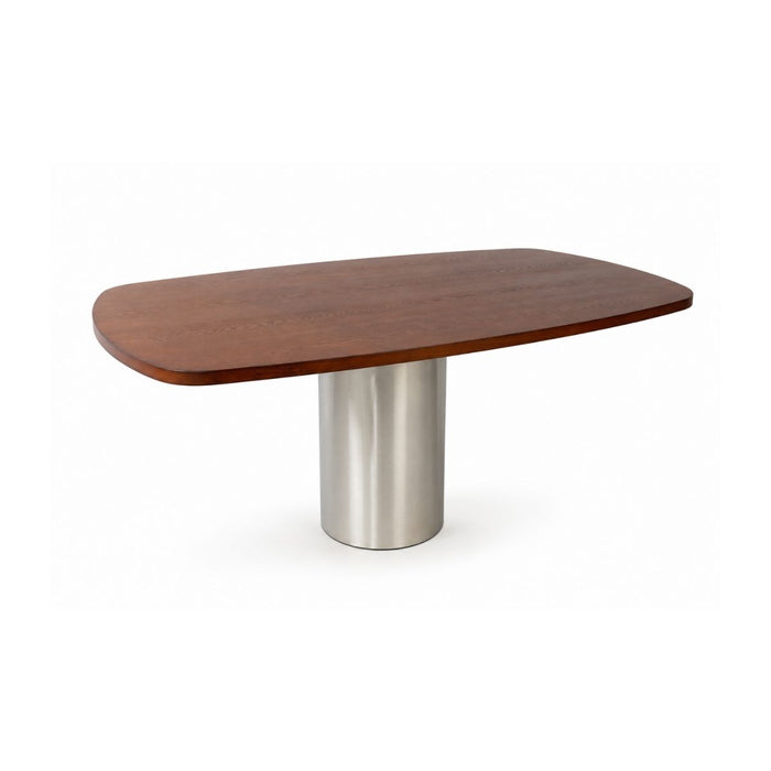 Mesa de comedor Cassis - B160 D100 H75 - Base de acero cepillado - Tablero de madera - Nogal oscuro