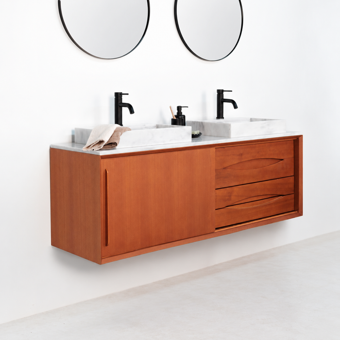 Retro Badezimmermöbel Bill Teak – Weißer Marmor – Waschbecken mit Hahnloch