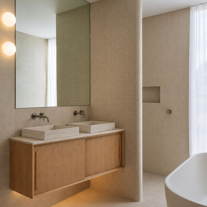 Nestor oak bathroom vanity with beige marble sink George 150 cm