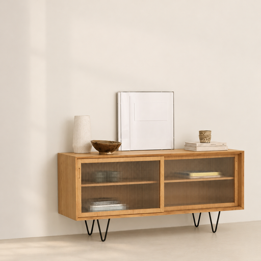 Dressoir Sanchez eik glazen deuren 150 cm – warme belichting en zachte raamschaduw