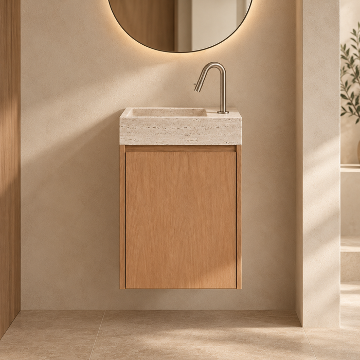 Krabi hand basin with oak cabinet and white travertine