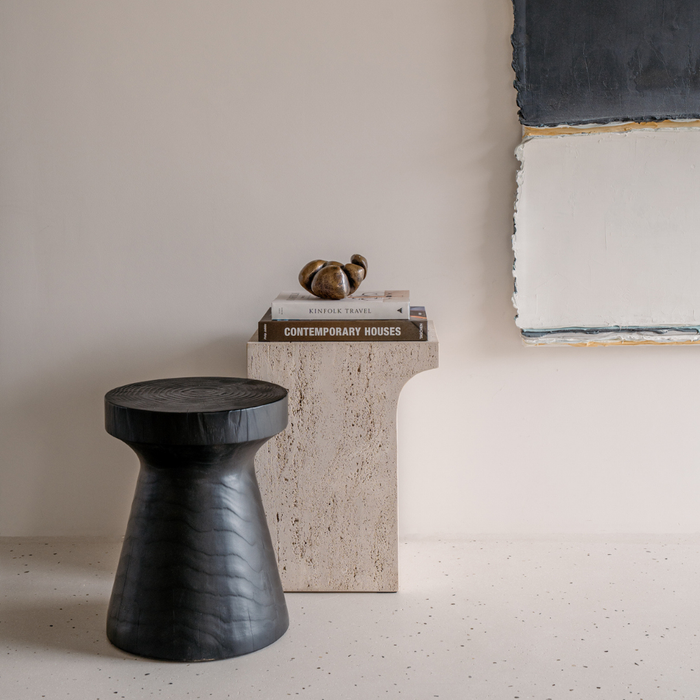 Mesa auxiliar Vinto - W31 D25 H48 - Blanco - Travertino sin rellenar