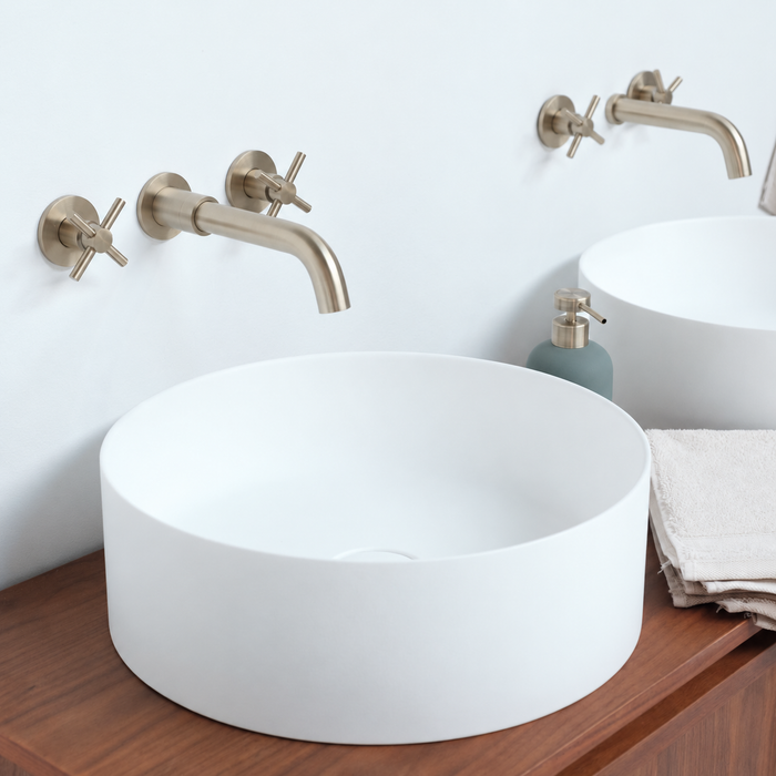 Fien walnut bathroom vanity with Sims solid surface basins 120 cm