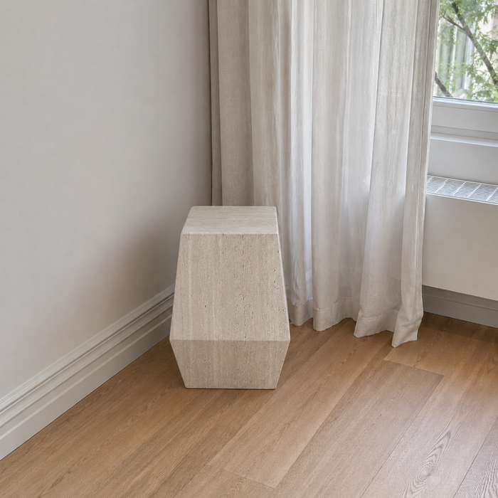 Bijzettafel Soma - W32 D26 H45 - Ongevulde travertijn - Wit