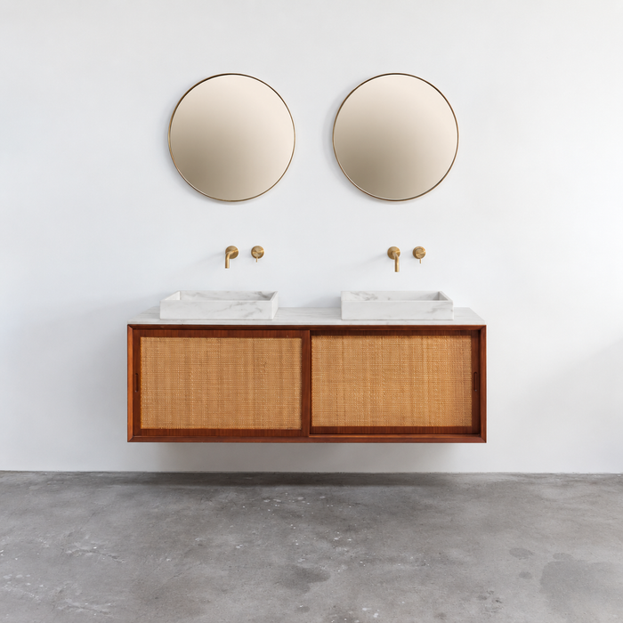 Mueble de baño vintage - Lavabo de Mármol Blanco - Teca-Ratán (150 cm) - Nestor