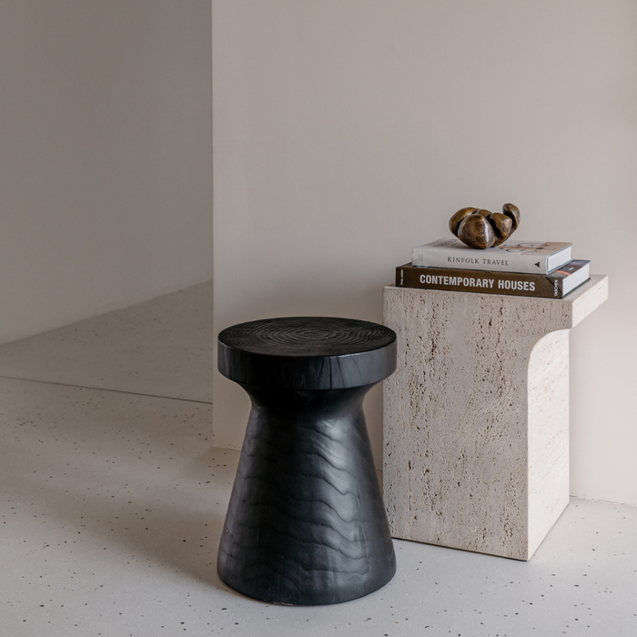 Mesa auxiliar Vinto - W31 D25 H48 - Blanco - Travertino sin rellenar