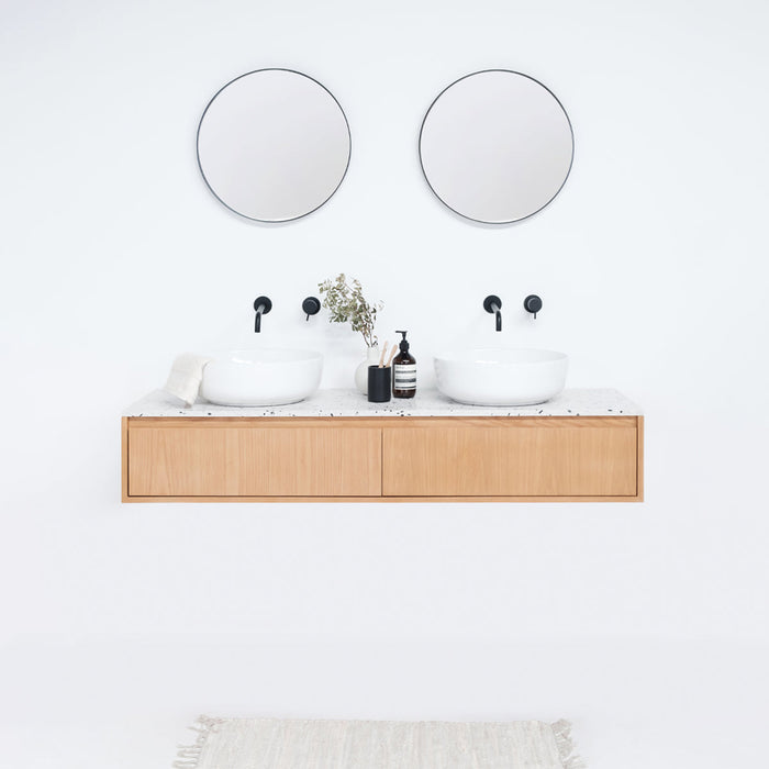 Eiken badkamerkast Ann kort - Terrazzo wastafelplaat - porselienen waskom  - 150 cm