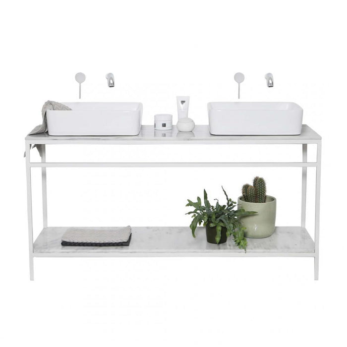 Elegant Frame Badkamermeubel - Wit Staal - Jules - 150 cm, witte porseleinen waskommen en zilveren chrome kranen